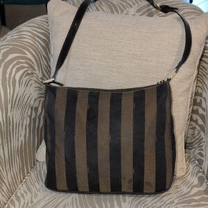 Vintage Fendi Pequin Canvas Shoulder Bag With A Leather Strap
